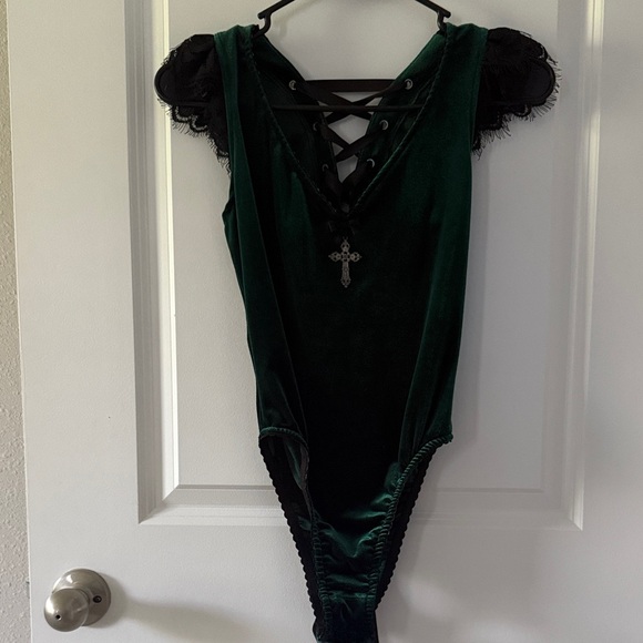 Dolls Kill Tops - Widow Velvet Green Lace-Up Back Bodysuit